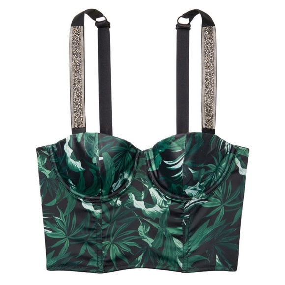 NWOT Victoria's Secret Very Sexy Green Black Tropical Bustier Rhinestone Straps - Picture 2 of 15